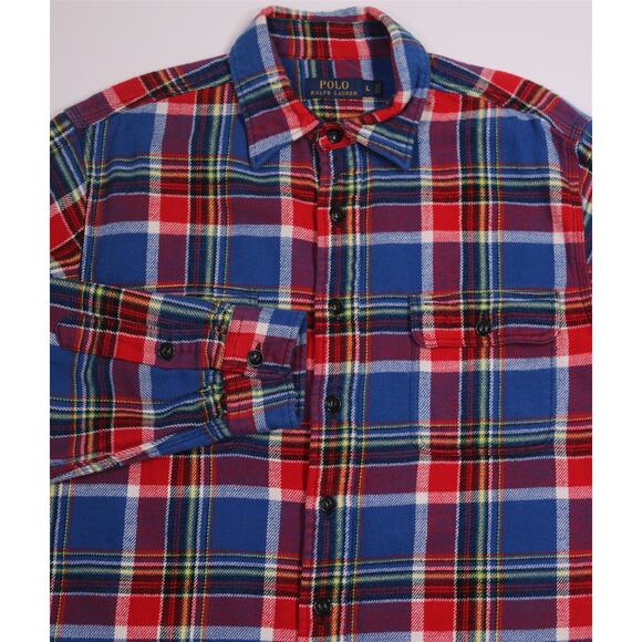 Polo Ralph Lauren Blue Red Check Heavy Work Flannel Button-Up Shirt L - Picture 1 of 7
